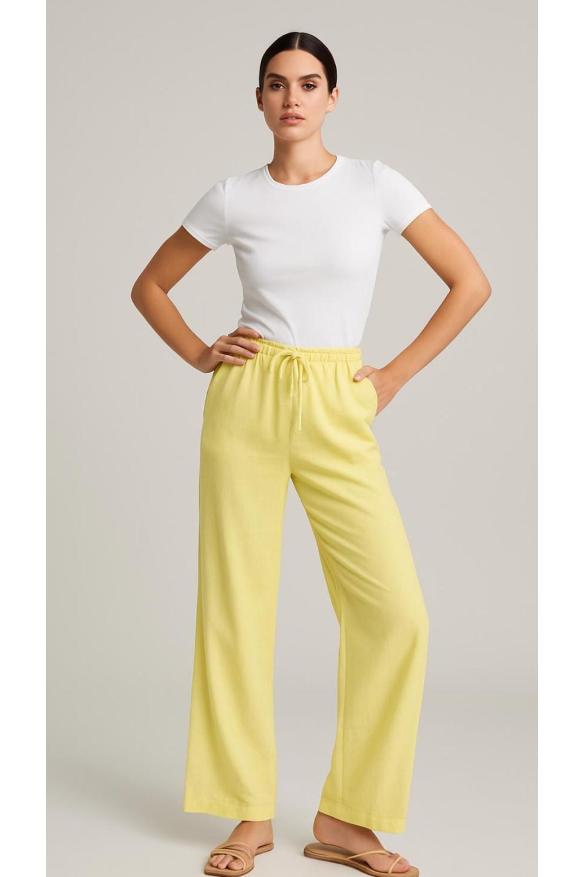  Beli Bağcıklı Yandan Cepli Modal Trend Pantolon  Sarı 