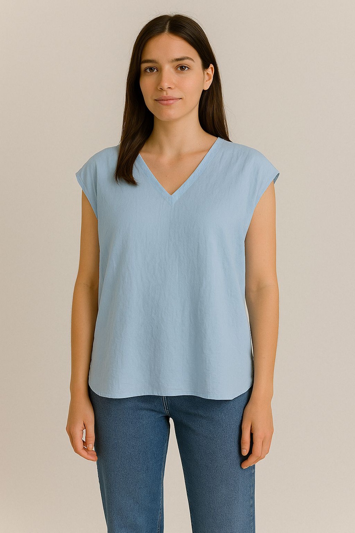 V Yaka Sıfır Kol Trend Bluz Mavi