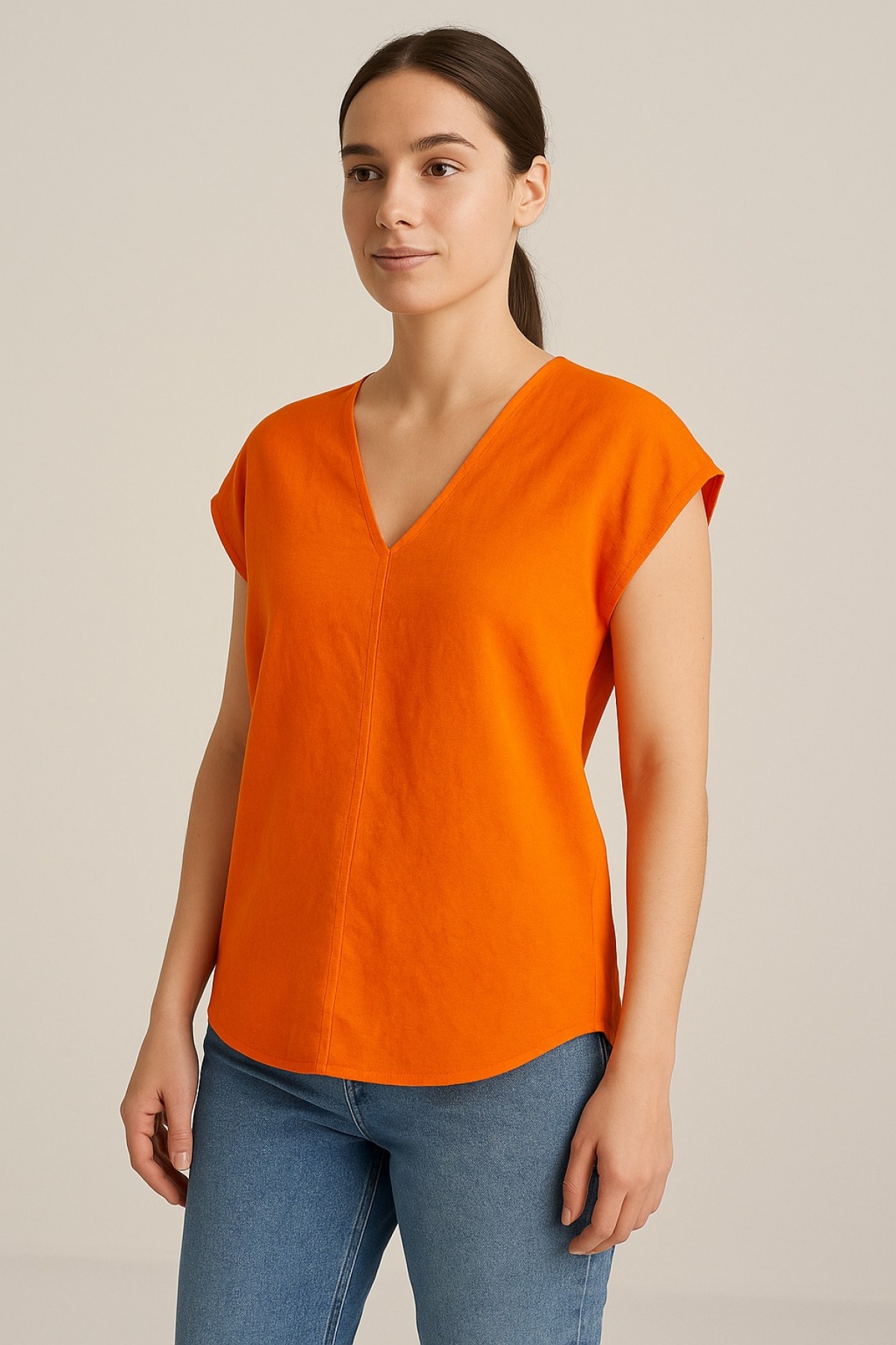 V Yaka Sıfır Kol Trend Bluz Turuncu 