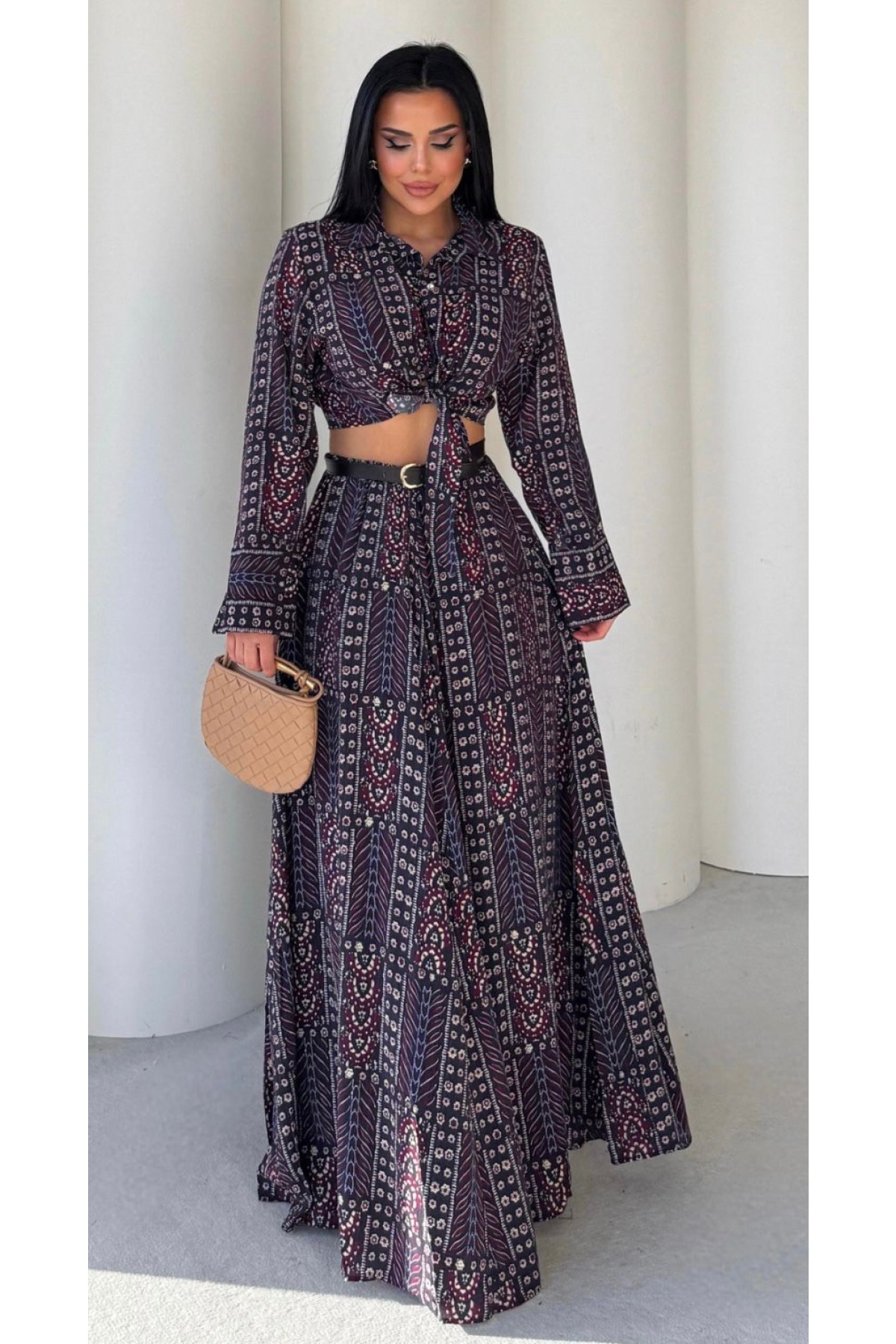  Deri Kemerli Önü Bağlamalı Mango İkili Takım  Bordo