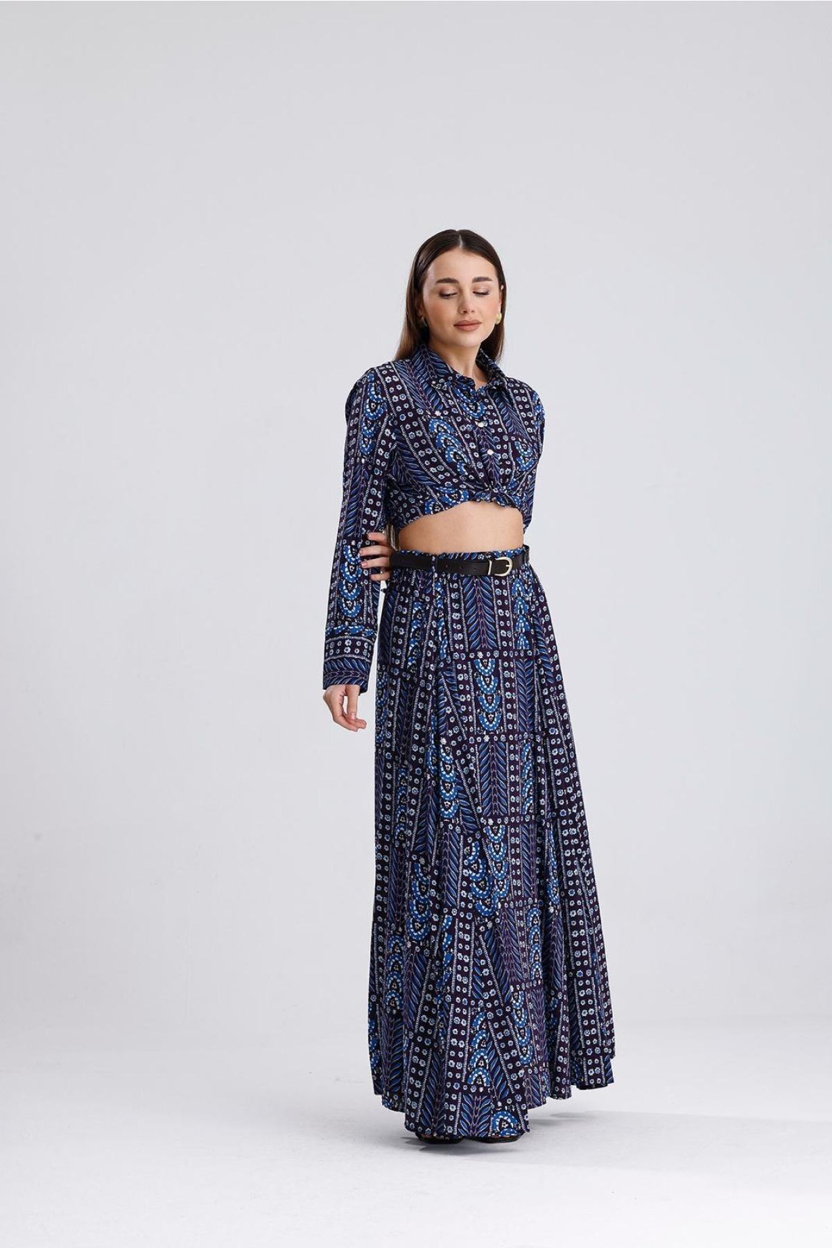 Deri Kemerli Önü Bağlamalı Mango İkili Takım Mavi